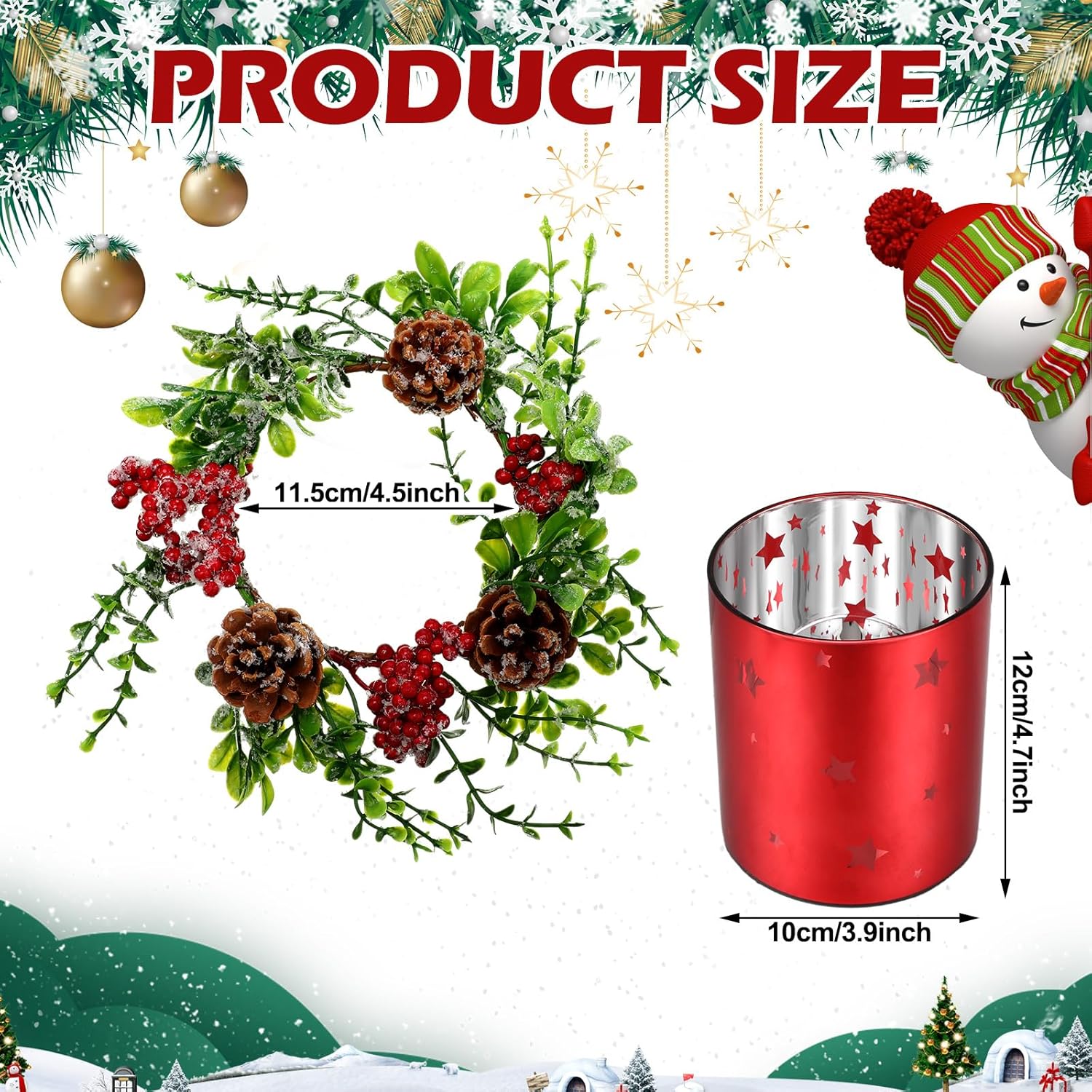 Sliner 4 Pcs Christmas Glass Candle Holders 4.7 inch Glass Xmas Votive Candle Holder Berry Ring with Pinecone for Table Centerpieces Decorations