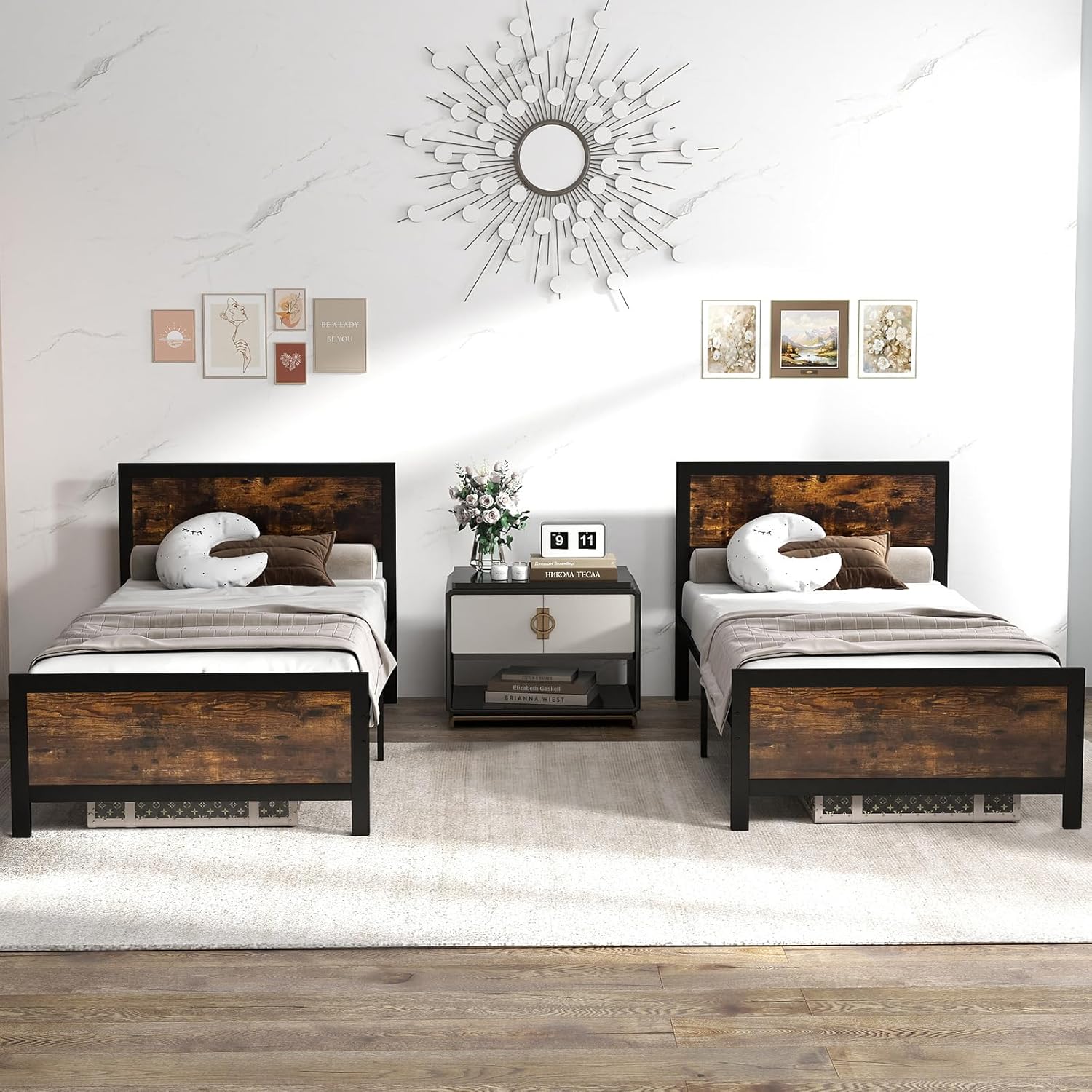 Giantex Metal Twin Size Platform Bed Frame with Wood Headboard and Footboard, Industrial Heavy Duty Twin Bed Frames for Kids, Under Bed Storage, No Box Spring Needed, Noise-Free, Rustic Brown