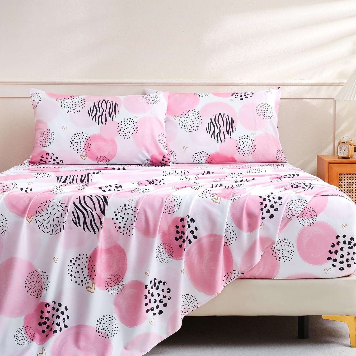 Pink Sheet Set Queen Size 4 Pieces Girls Bedding Simple Dots Printed Sheets 15-inch Deep Pocket Fitted Sheets and Pillowcase Soft Breathable Microfiber Bed Sets for Woman Decor Bedroom