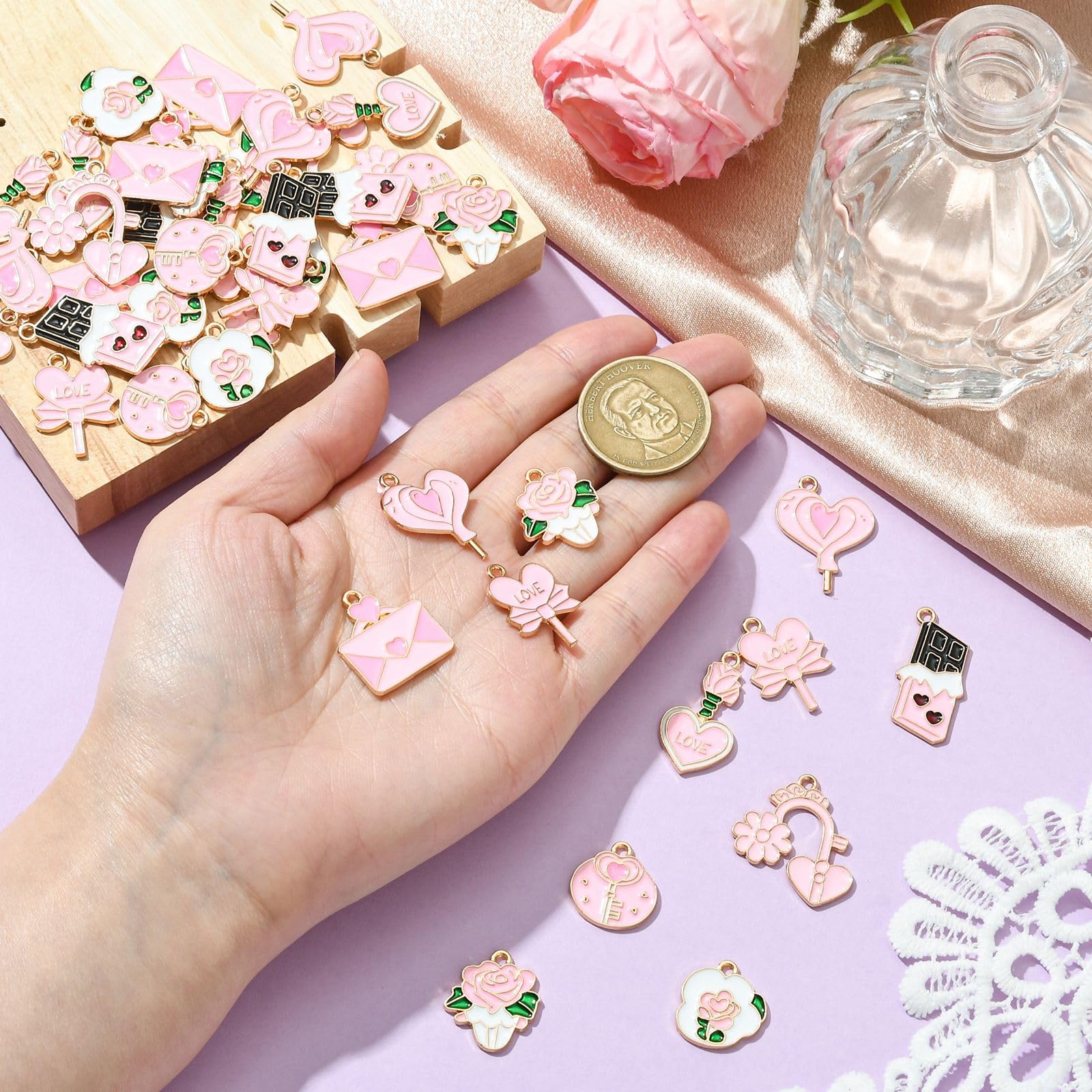 Stiesy 45Pcs 9 Styles Pink Charms for Jewellery Making Valentine's Day Enamel Charm Pendant Heart Chocolate Love Letter Key Flower Dangle Charms Bulk for DIY Date Necklace Bracelet Earring Presents - Image 4