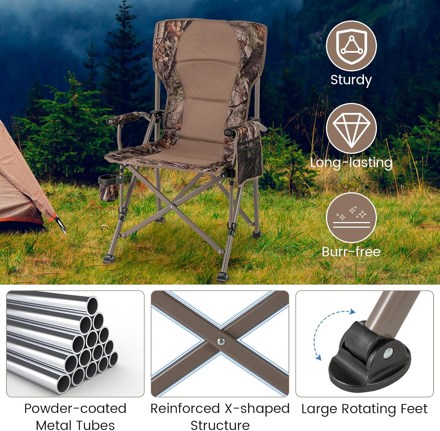 Goplus Hunting Chair, Lightweight Folding Hunting Blind Chair w/Padded Armrests, Cup Holder, Carrying Bag, High Back Portable Outdoor Ground Blind Seat for Hunting, Hiking, Fishing, Travel