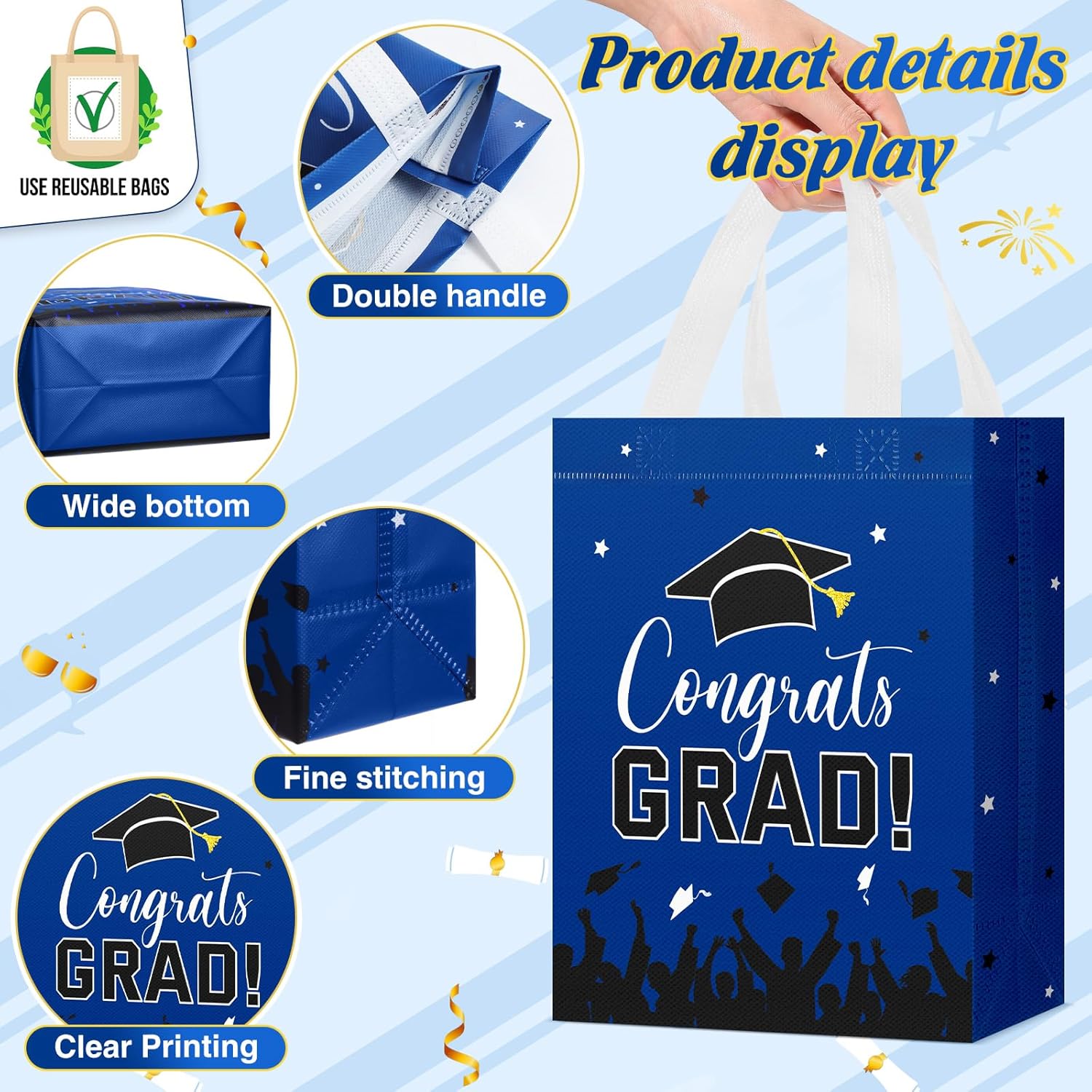 Shinylin 24 Pcs Graduation Gift Bags 2026 Reusable Graduation Bags Bulk with Handles, Nonwoven Congrats Grad Party Favor Tote(Royal Blue)