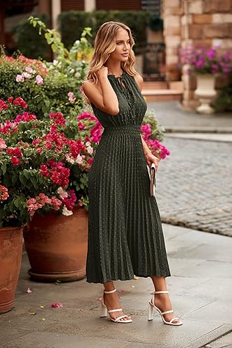 Miniatura 7 de PRETTYGARDEN Vestido de verano midi para mujer, casual, cuello en V, lunares suizos, volantes, sin mangas, acampanado, vestido de playa