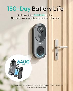 BOTSLAB 5MP Wireless Video Doorbell Camera,180 Head-to-Toe View, AI Motion Detection, VR Mode, Battery or Wired Powered, Package Detection, 32GB SD Card, 6400mAh Battery,Easy Installation,2.4GHz WiFi