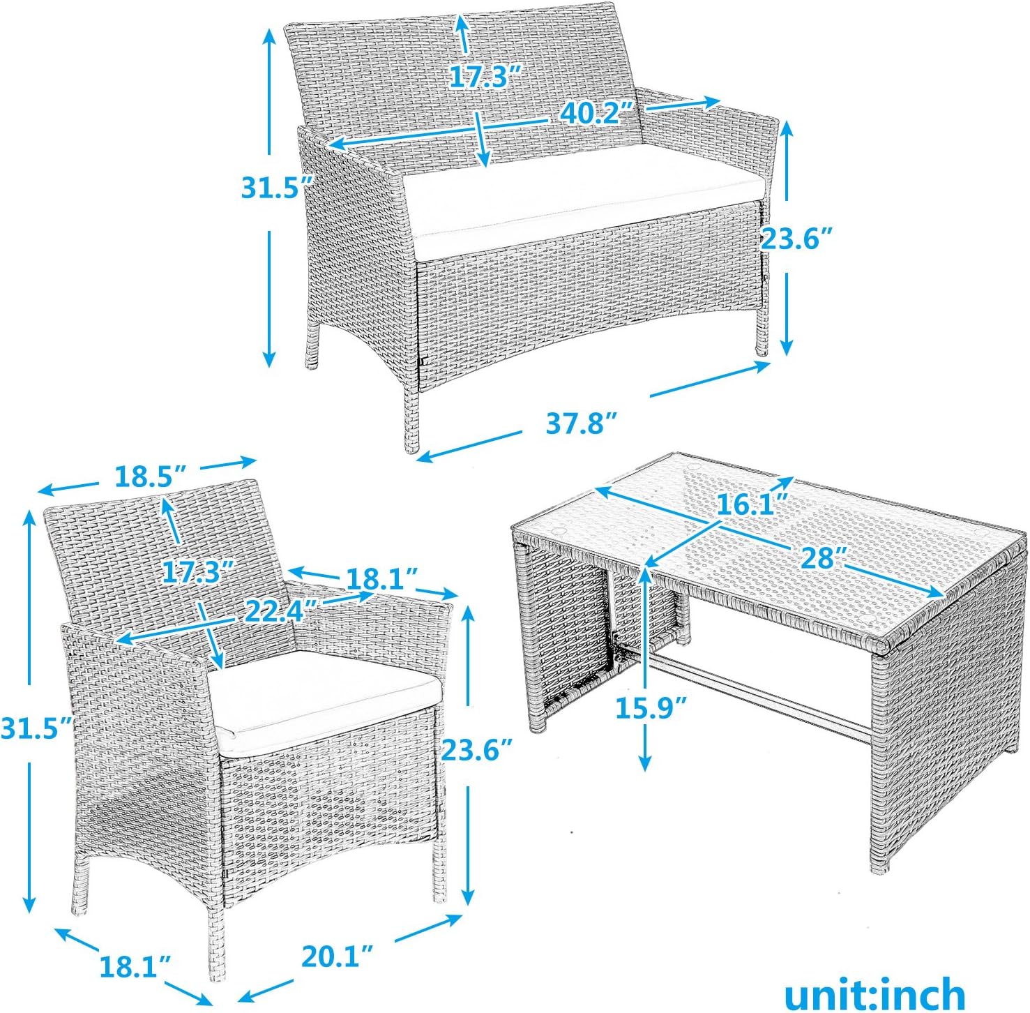 Leisure Zone 4 PC Rattan Patio Furniture Set Wicker Conversation Set Garden Lawn Outdoor Sofa Set with Cushioned Seat and Tempered Glass Table Top (Beige)