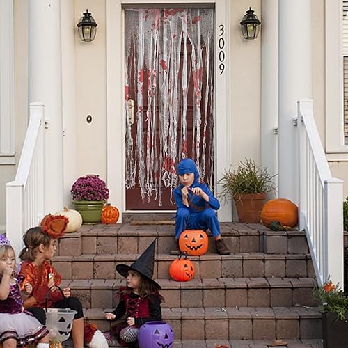 Miniatura 6 de Watayo 8 piezas de cortinas de puerta de Halloween, cortina sangrienta de 65 x 39 pulgadas, cortina espeluznante para decoración de casa embrujada