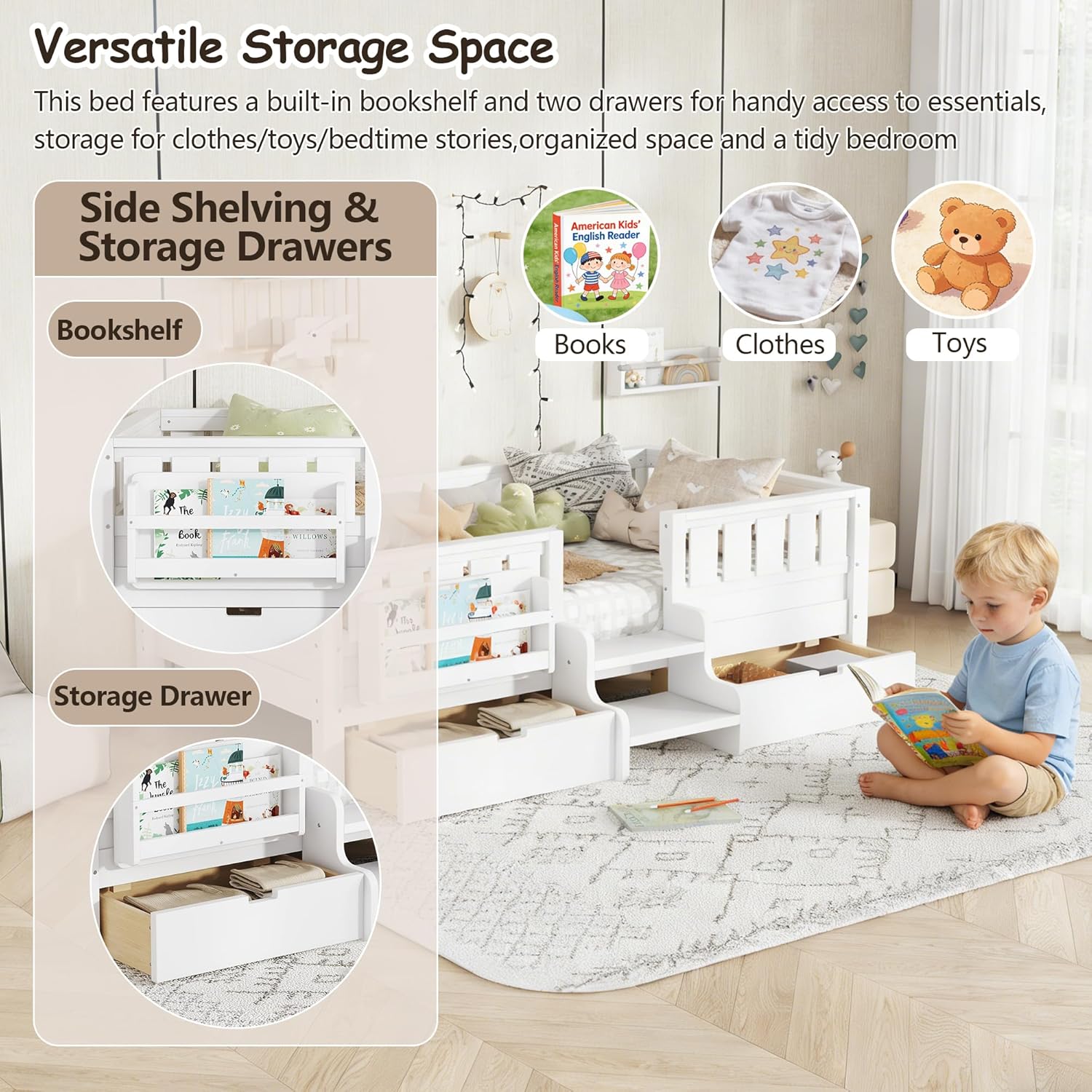 Bellemave Twin Size Kids Montessori Bed with Stairs and Bookshelf,Solid Wood Twin Size Kids Bed Frame with Drawers and Storage for Girls Boys,Low-Profile,White