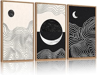 CHDITB Abstract Moon Phases Framed Canvas Art Prints Set(16"x24"), 3 Panels Modern Neutral Black and White Artwork Painting, Large Boho Minimalist Fine Line Wall Art Home Decor for Bedroom Living Room