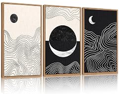 CHDITB Abstract Moon Phases Framed Canvas Art Prints Set 16x24 3 Panels Modern Neutral Black and White Artwork