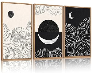 CHDITB Abstract Moon Phases Framed Canvas Art Prints Set 16x24 3 Panels Modern Neutral Black and White Artwork