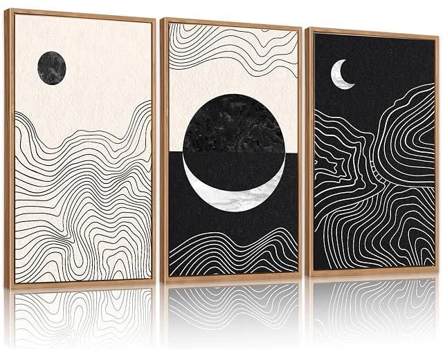 CHDITB Abstract Moon Phases Framed Canvas Art Prints Set 16x24 3 Panels Modern Neutral Black and White Artwork