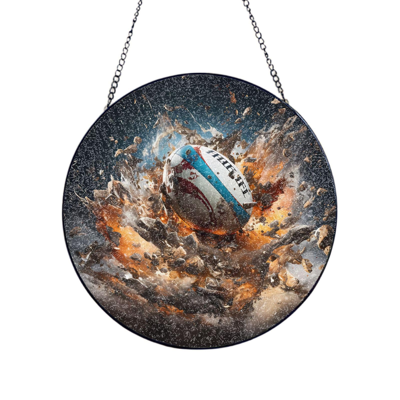 Phayah Rugby On Fire Print Glass Window Hanging Round Suncatcher Glass Ornament Garden Wall Fence Decorations Indoor Outdoor 4in（10cm）