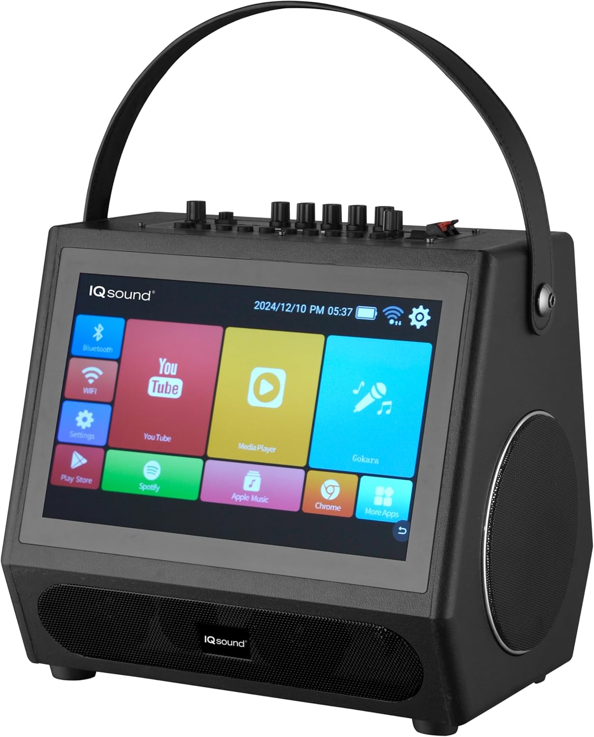Hoekig view of the IQ Sound IQ-1505WK Portable Karaoke System, showing the side speaker, top handle, and touch screen.