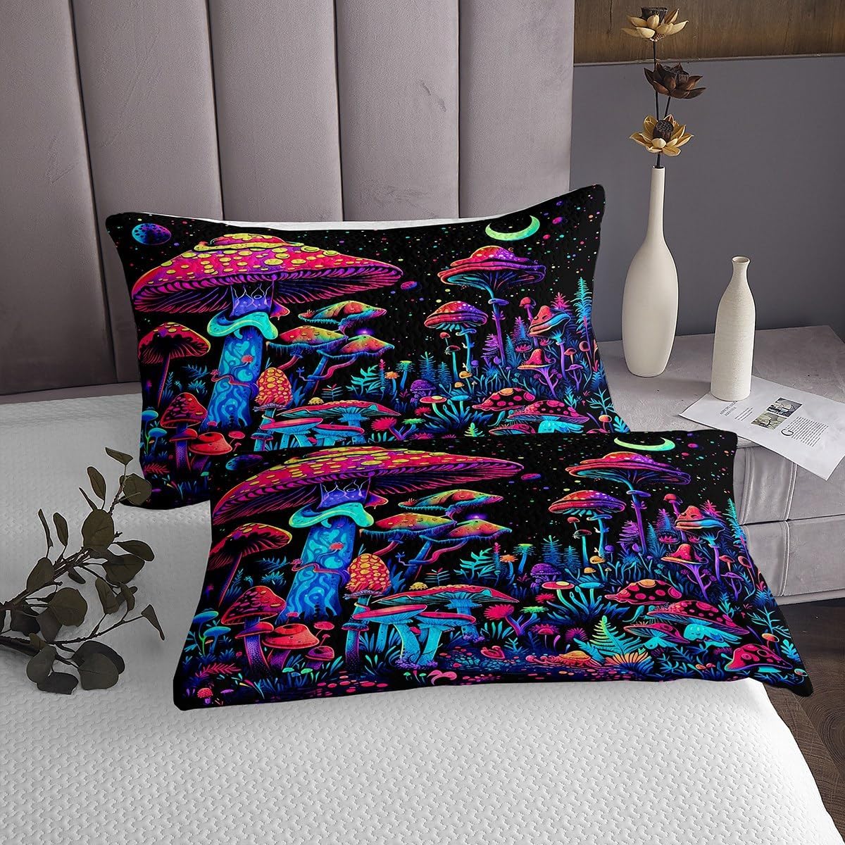 jejeloiu Mushroom Coverlet Set Colorful Gradient Mushroom Bedspread for Kids Boys Girls Botanical Plant Bedspread Galaxy Quilted Bedroom Collection 3Pcs Queen Size