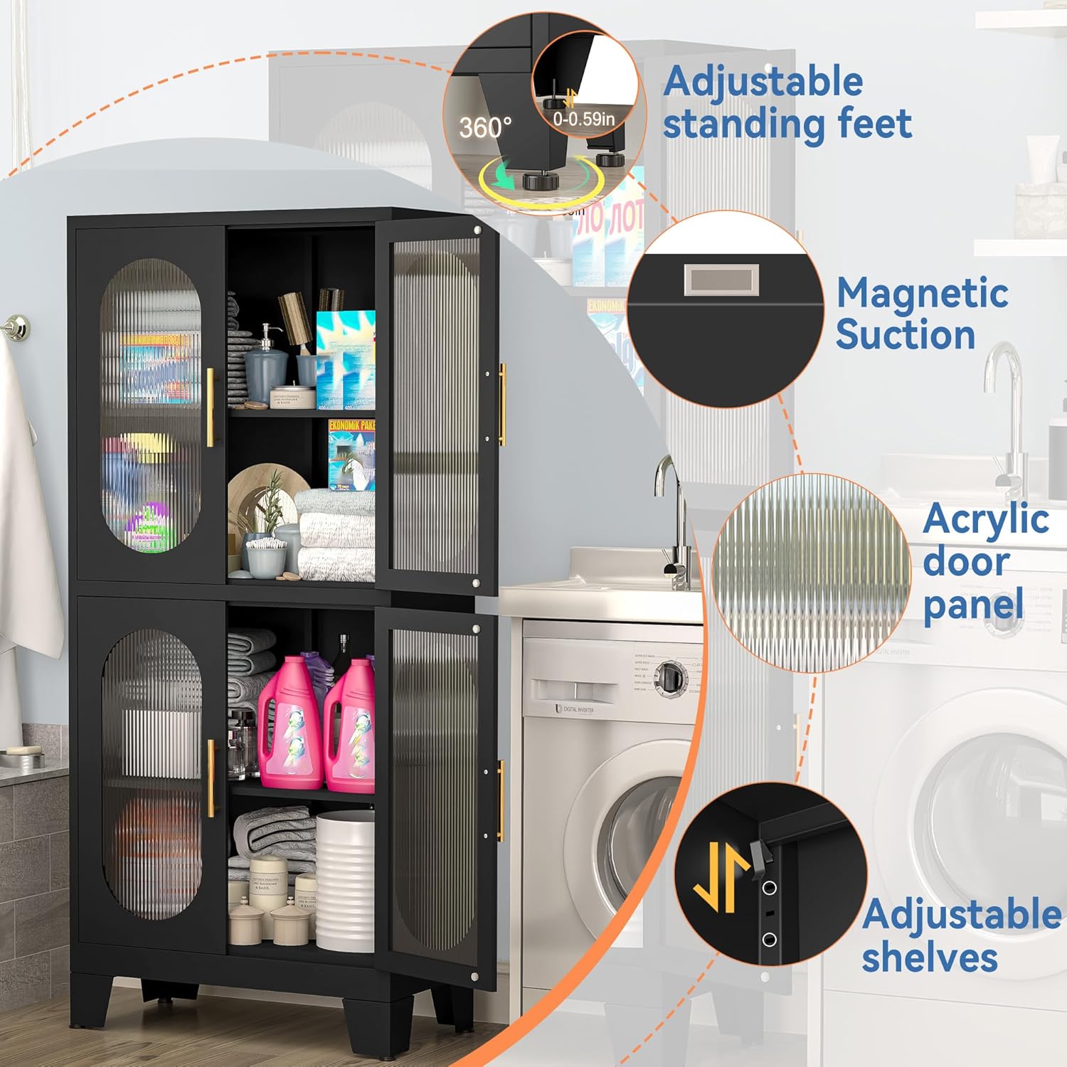 GAIOUS Black Kitchen Pantry Cabinet, Pantry Storage Cabinet with Acrylic Glass Doors and Adjustable Shelves, Tall Versatile Storage for Kitchen, Dining Room, Home Office and Bedroom thumbnail