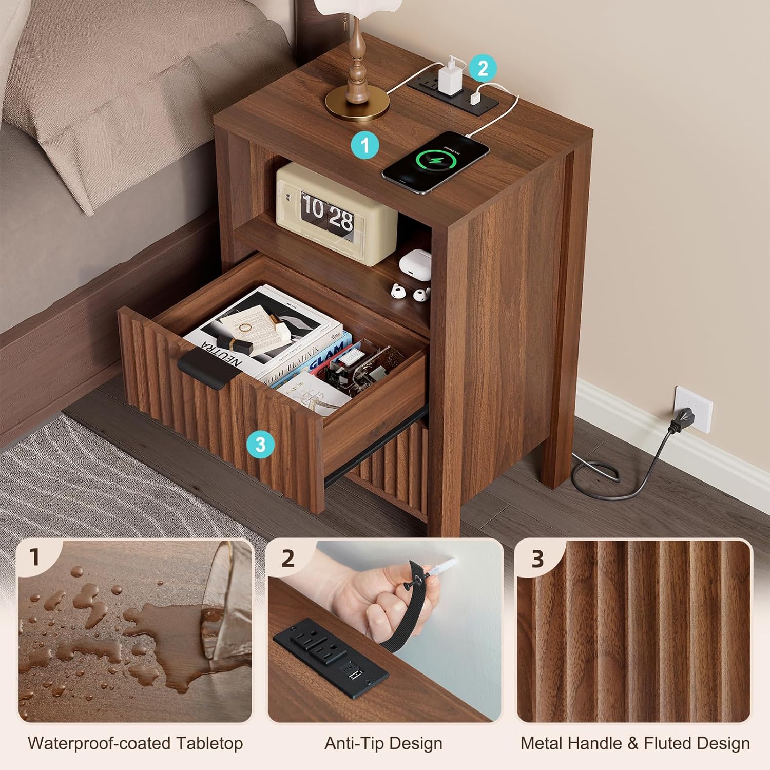 Nasonet Night Stand Set 2, Fluted End Table Set of 2, Modern Nightstand with Charging Station, Wood Bedside Table with Storage Drawer for Bedroom, Walnut