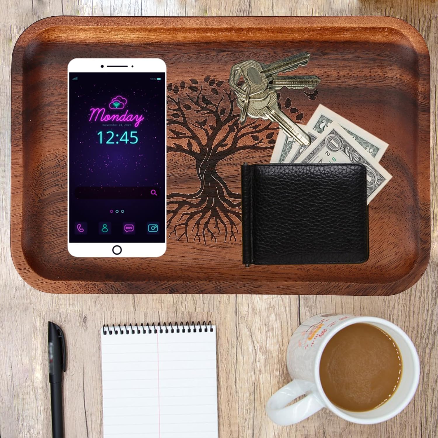 The Tree of Life Serving Acacia Wood Valet Tray for Men Women, Catch All Acacia Mens Key Dump Bedside Nightstand Organizer EDC Wooden Tray for Phone Watch Wallet Keys Jewelry - Image 2
