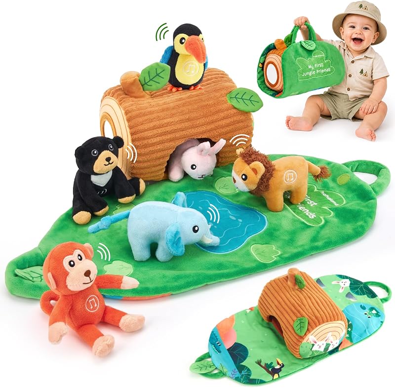 hahaland Baby Toys 6-12 Months, Jungle Plush Animal Set with Sounds & Words | 8-PCS Tree House with 6 Sound Animals, Mat, Mirror & Crinkle - Montessori Toys for 6 Month Old Christmas Gift for 1 Year Old