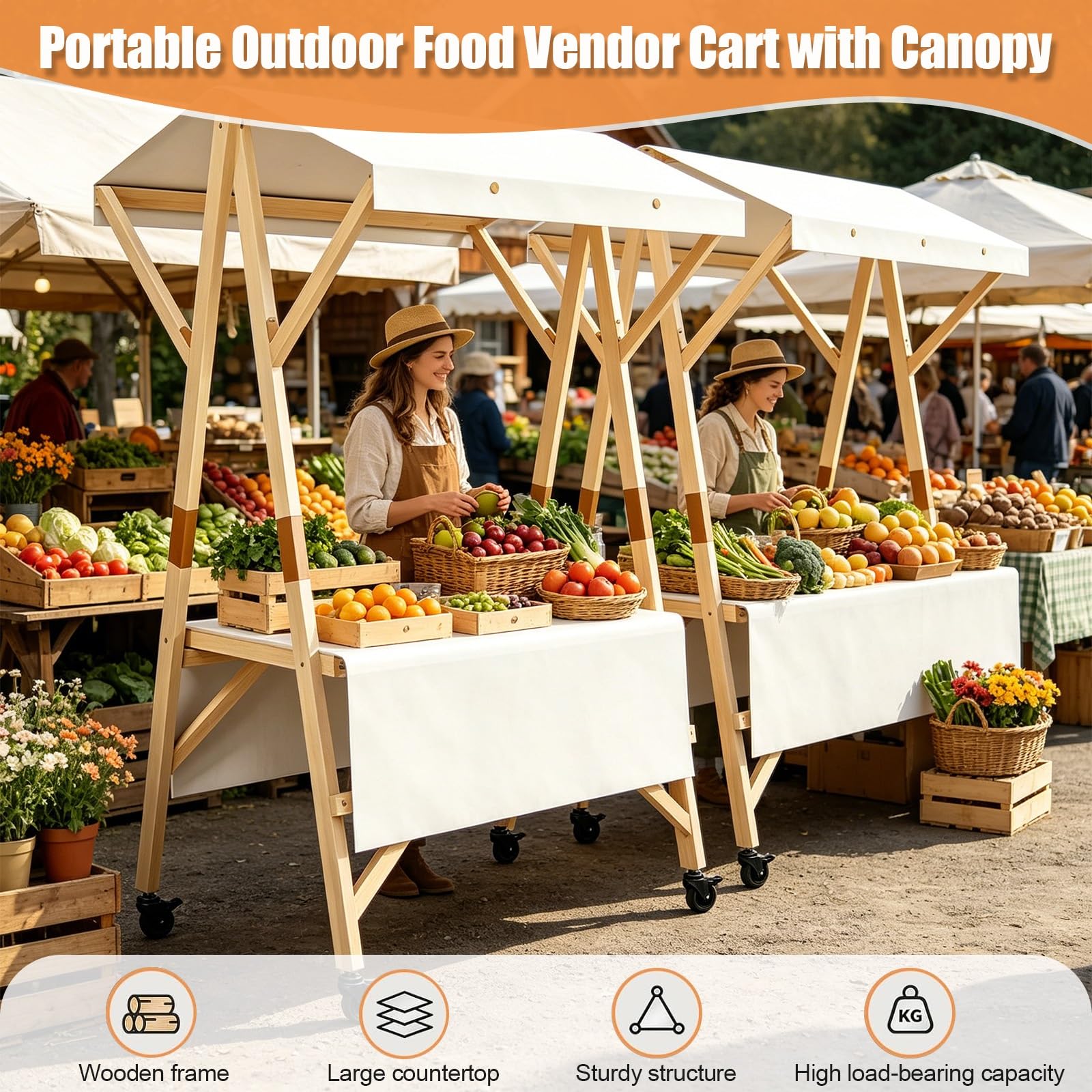 Stand Marché Chariot Pliable, Étal de Marché en Bois avec auvent, Kiosque Mobile Portable pour la Restauration de Rue, Stand de Marchés Commercial(Red A,120cm/47.2in)