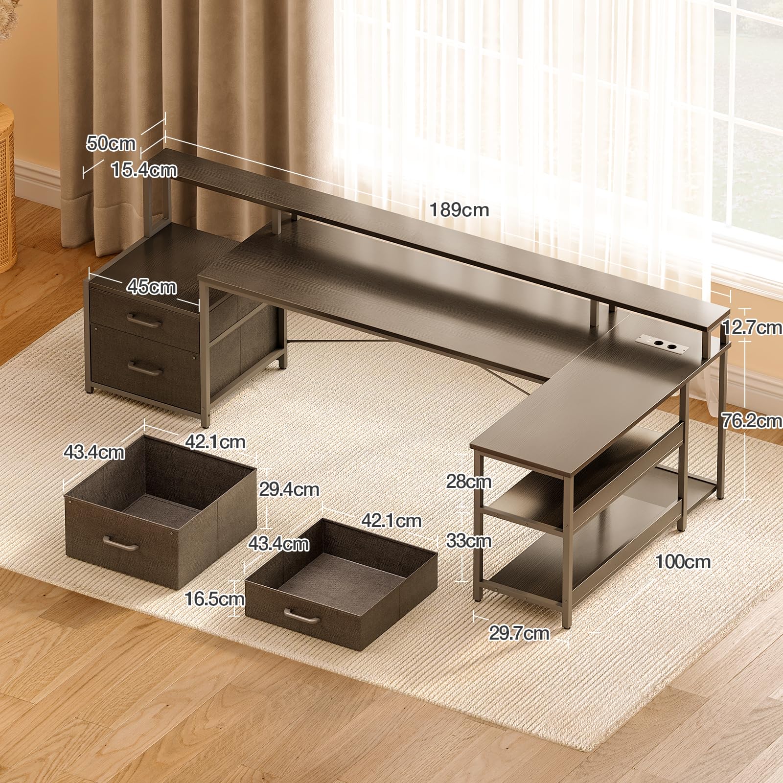 ODK Eckschreibtisch mit 2 Stoff Schubladen, 189.3×100 cm, Schwarz | Schreibtisch mit Steckdose & USB in L-Form, Gaming Tisch mit Monitorablage, Reversibel, für Homeoffice & Wohnzimmer