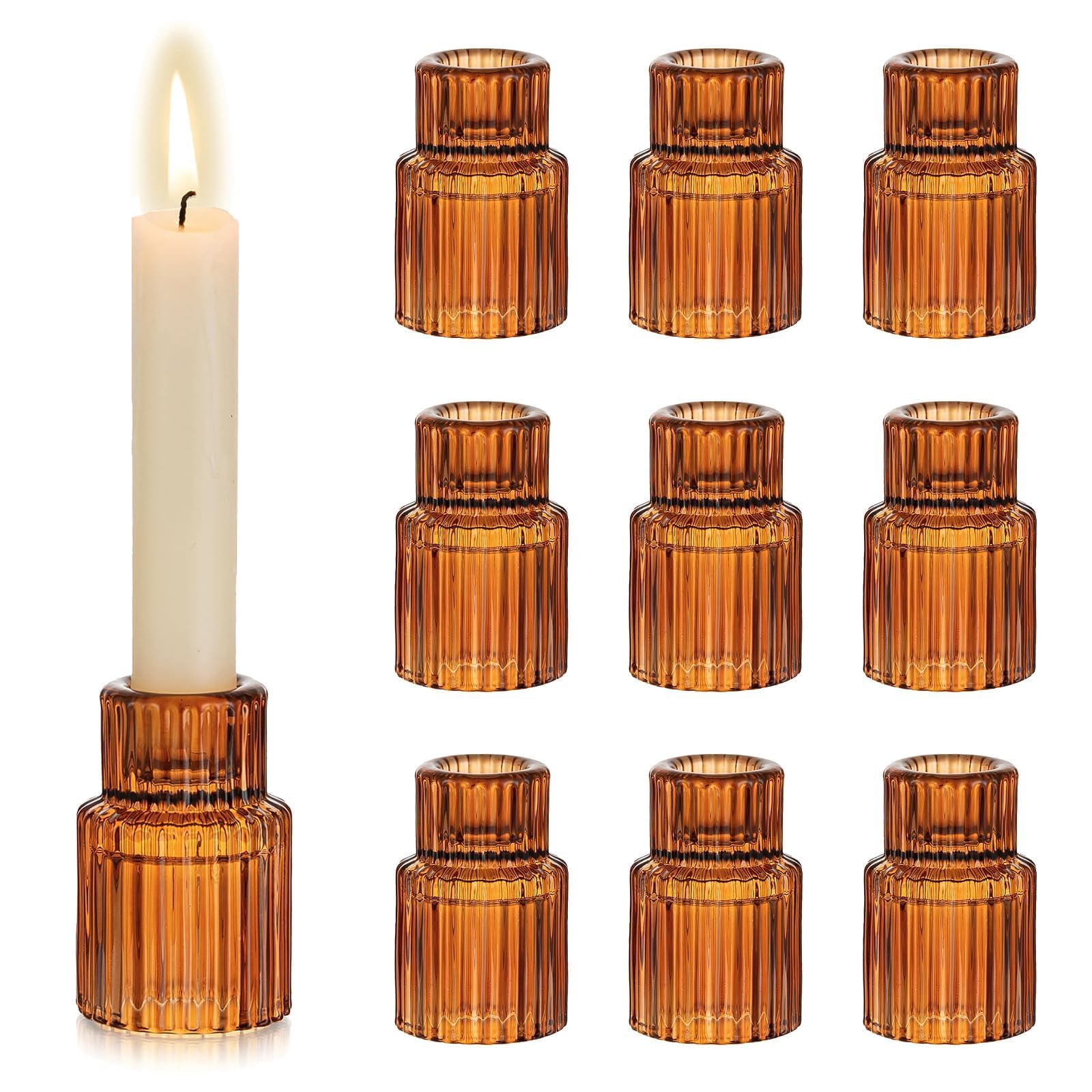 Hewory Glass Taper Candle Holders: 10 PCS Amber Elegant Candle Holder Candlestick Holders Bulk, Ribbed Glass Candle Holder Candle Sticks Holder Decor for Table Centerpiece Fall Thanksgiving Home Decor