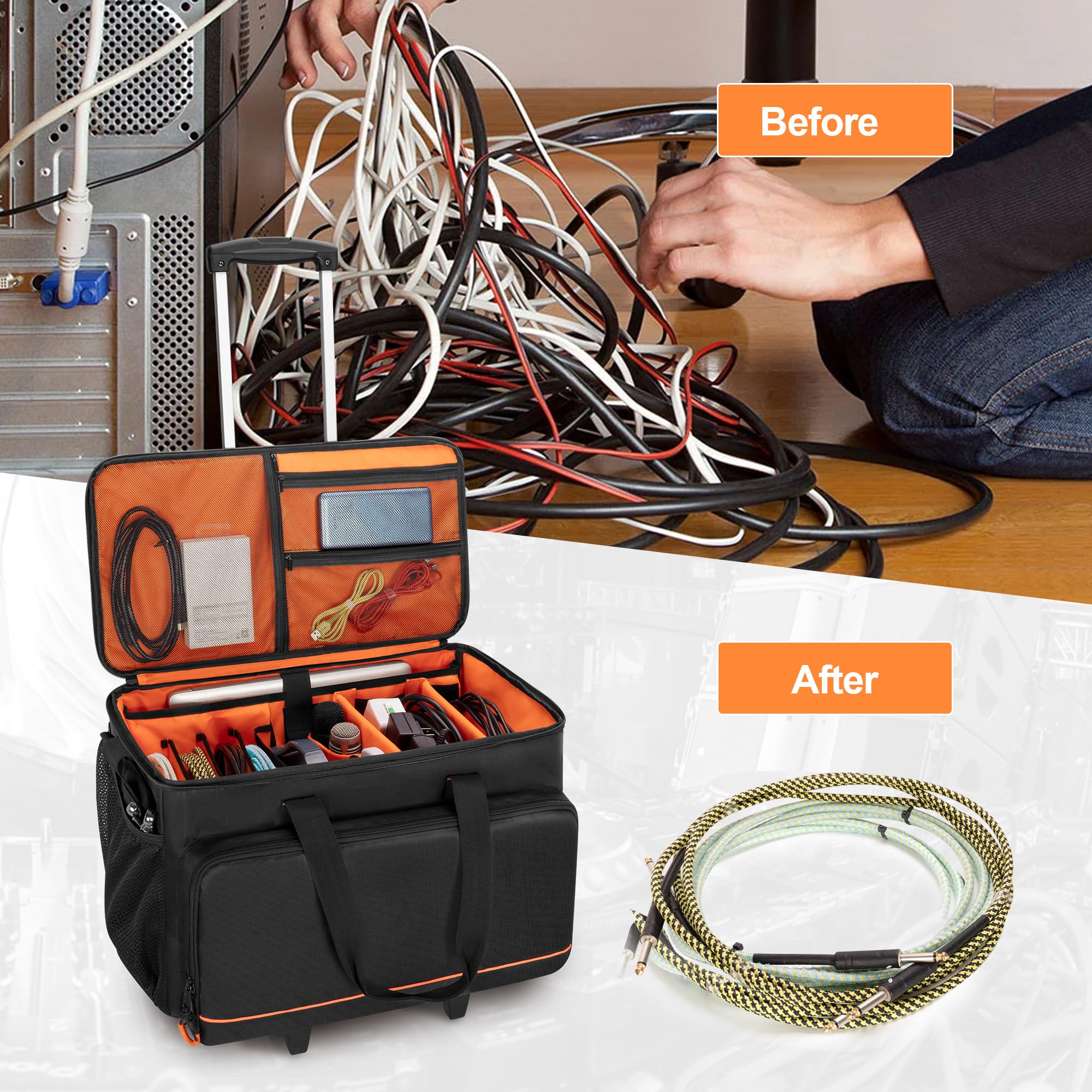 Trunab DJ Tasche Trolley mit Hart Gepolstertem Boden, Abnehmbaren Trennwänden und Dolly, DJ Kabel Tasche für Professionelle DJ-Ausrüstung, Musikinstrumente und Zubehör