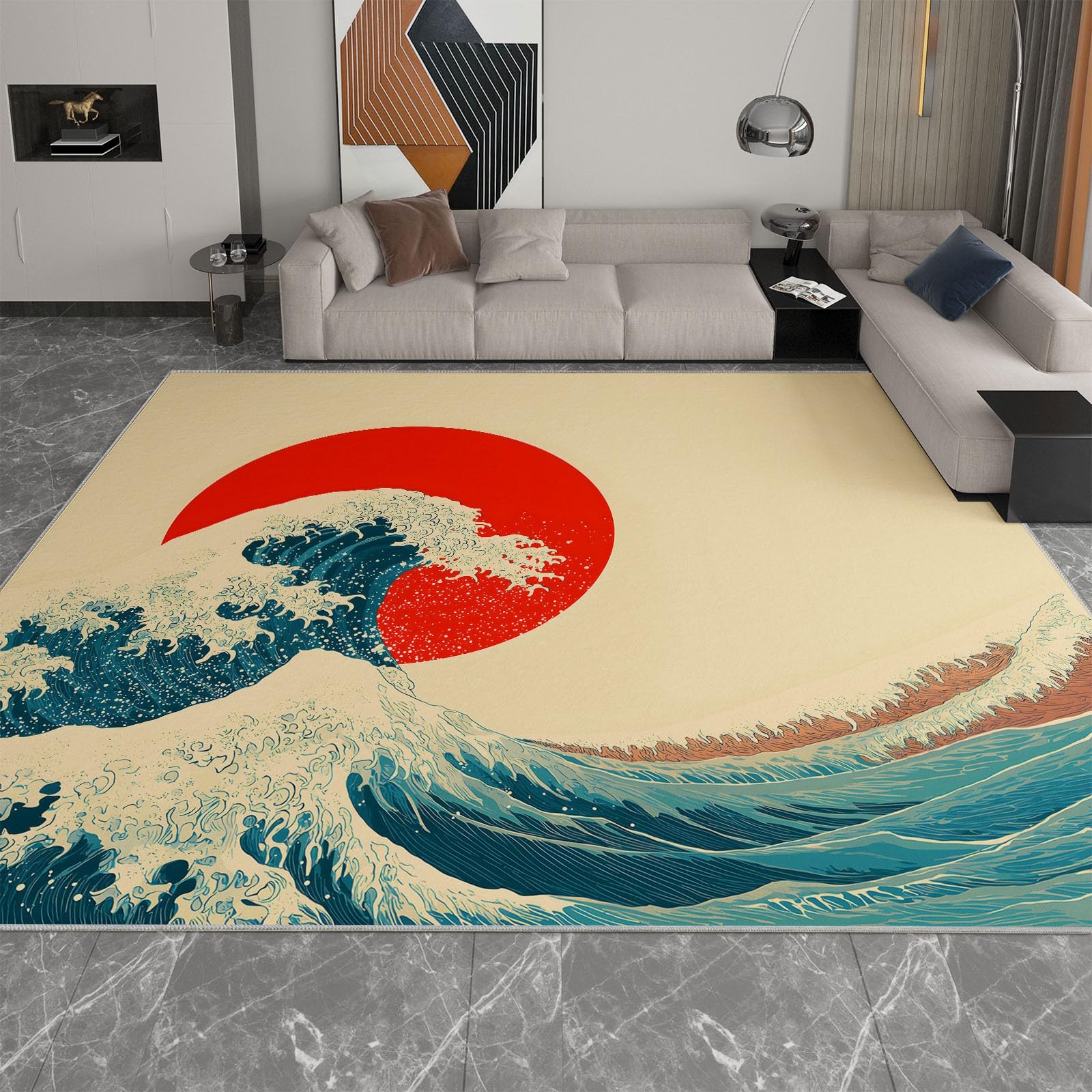 Tapis Doux À Poils Courts Japonais Rétro Vagues Soleil Rouge, Tapis de Décoration Imprimé Beige pour Salon Chambre Salle à Manger Bureau Entrée 80 x 150 cm - Lavable en Machine