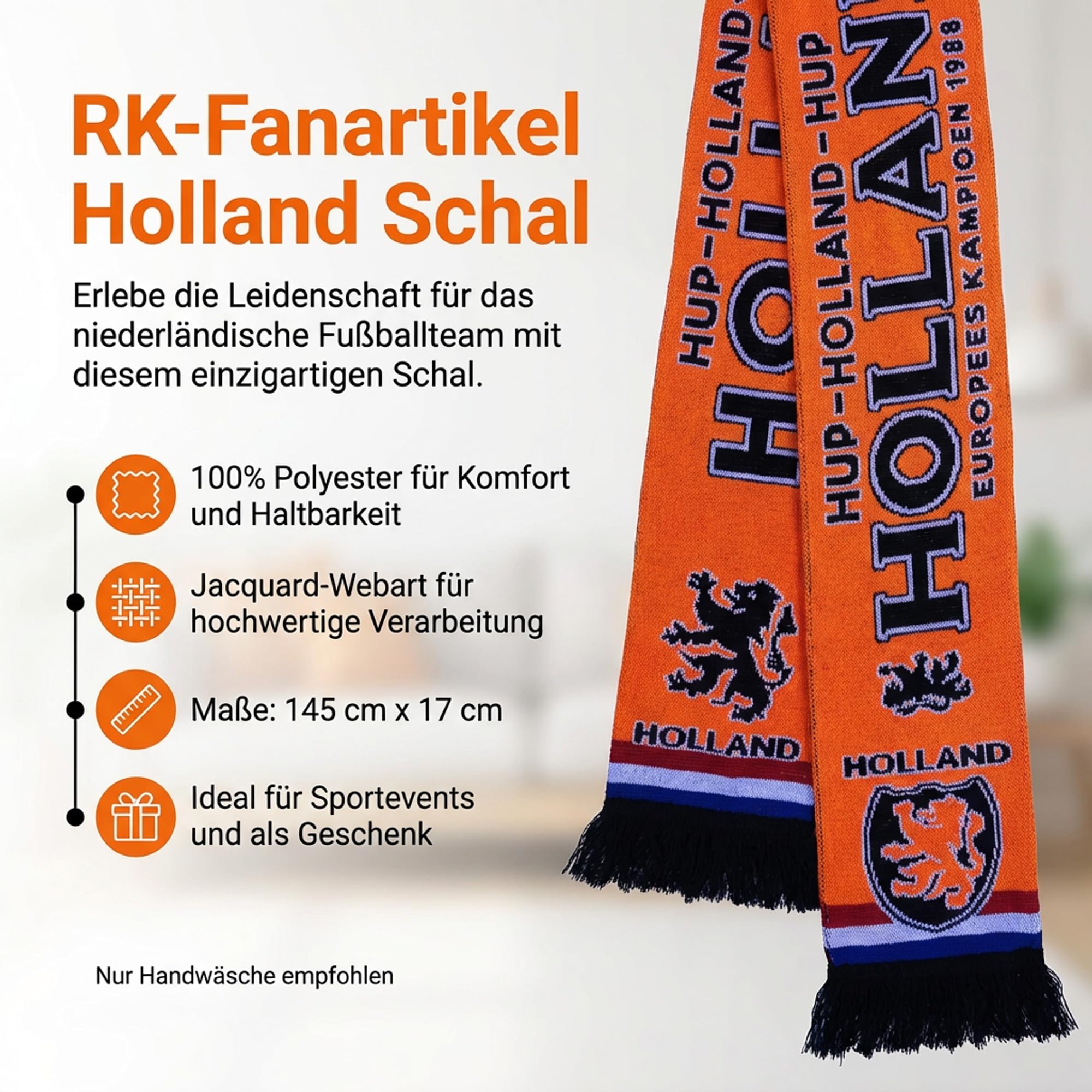 Generisch Holland Écharpe en tricot pour championnat d'Europe, Orange, noir., 135 cm