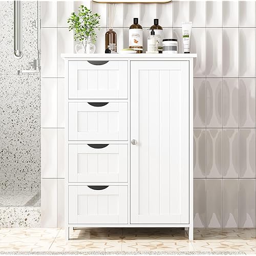 Irontar Bathroom Floor Cabinet, Freestanding Storage Cabinet with 4 Drawers and Adjustable Shelf for Entryway Storage, Home Office Furniture, White CWG005W