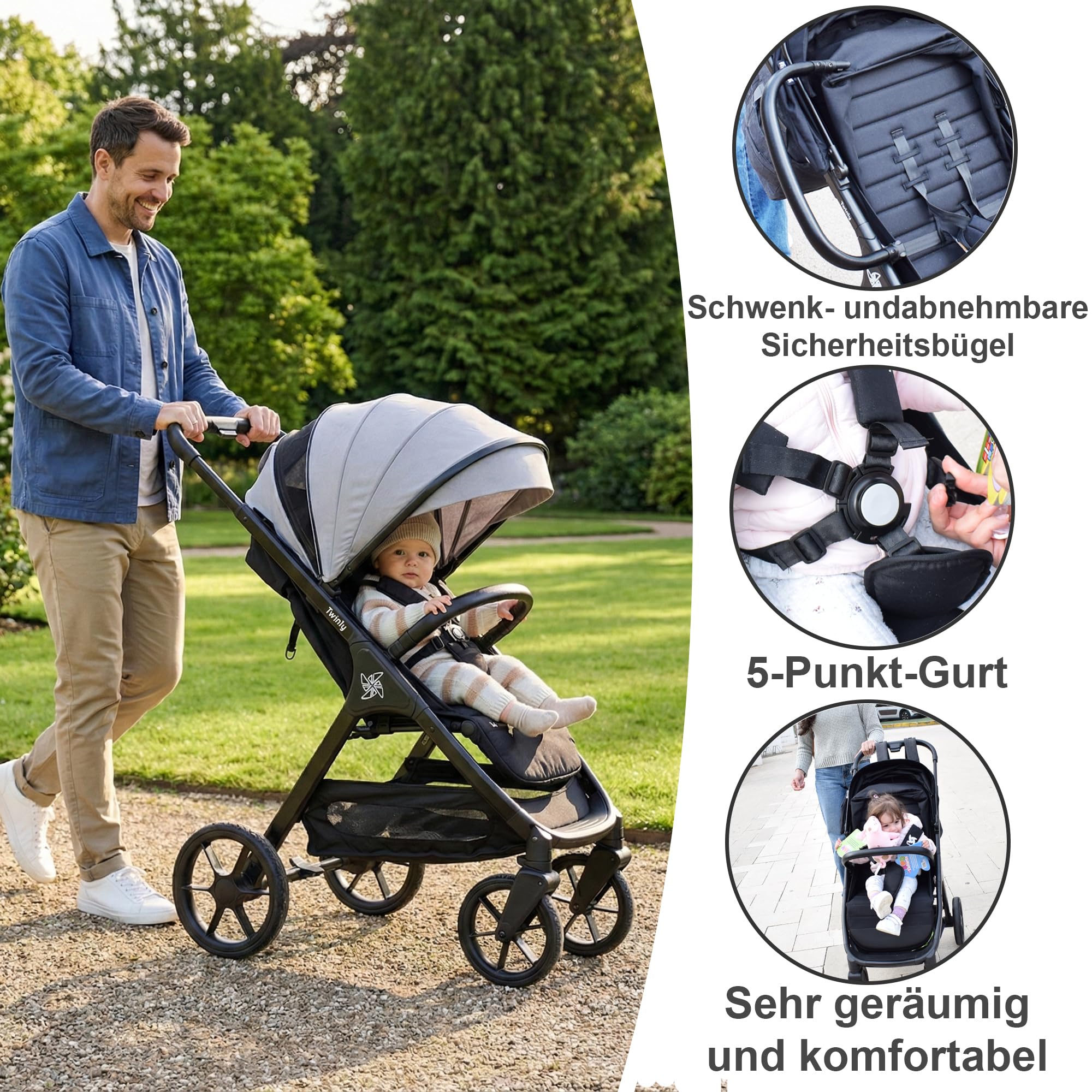 Twinly Spacely Buggy bis 25kg Leichter Reisebuggy klein zusammenklappbar mit Liegefunktion Kinderwagen All-Terrain Große Räder XXL Verdeck inkl. Regenverdeck & Becherhalter (Rosa)