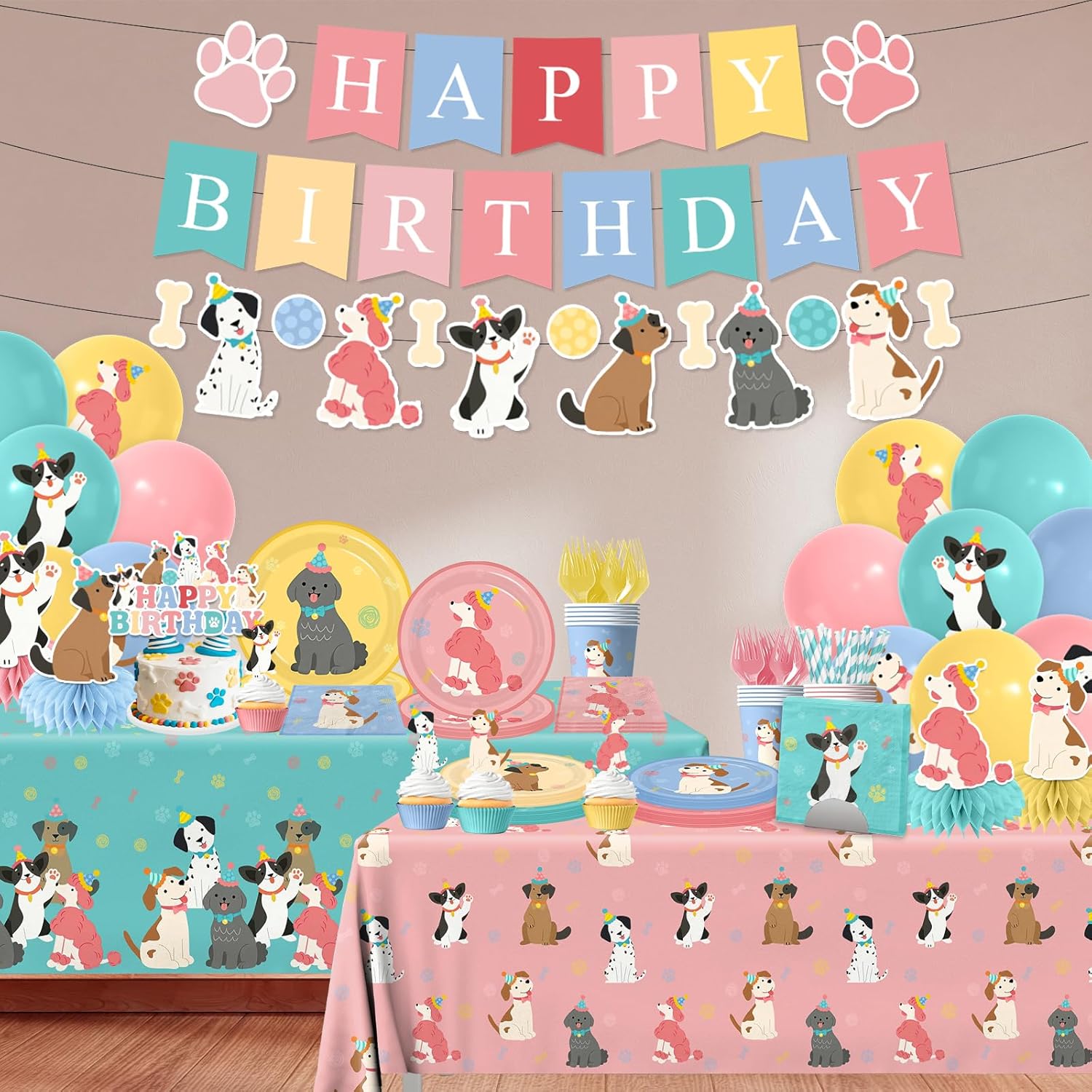 Dog Themed Birthday Party Decorations,Puppy Birthday Party Decorations Vintage Dog Plates and Napkins,Cups,Tablecloth,Happy Birthday Banner,Balloon,Cake Topper for Kids Dog Birthday Party Supplies