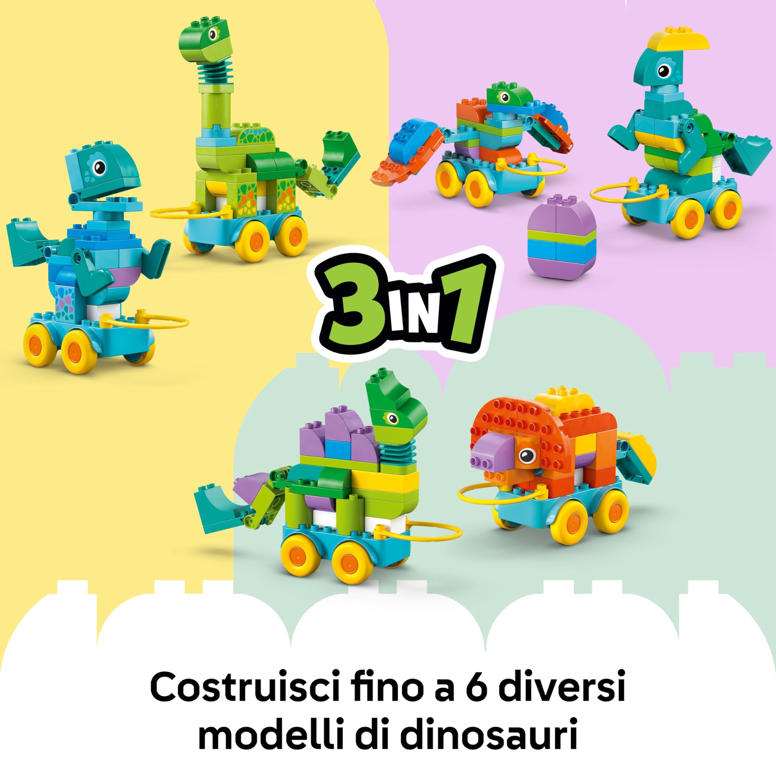 LEGO DUPLO Dinosauri su Ruote 3 in 1 - Gioco Educativo per Bambini e Bambine da 3 Anni per Costruire o Diplodoco e T. Rex Giocattolo, o Triceratopo e Stegosauro, o Pteranodonte e Parasaurolofo - 10451