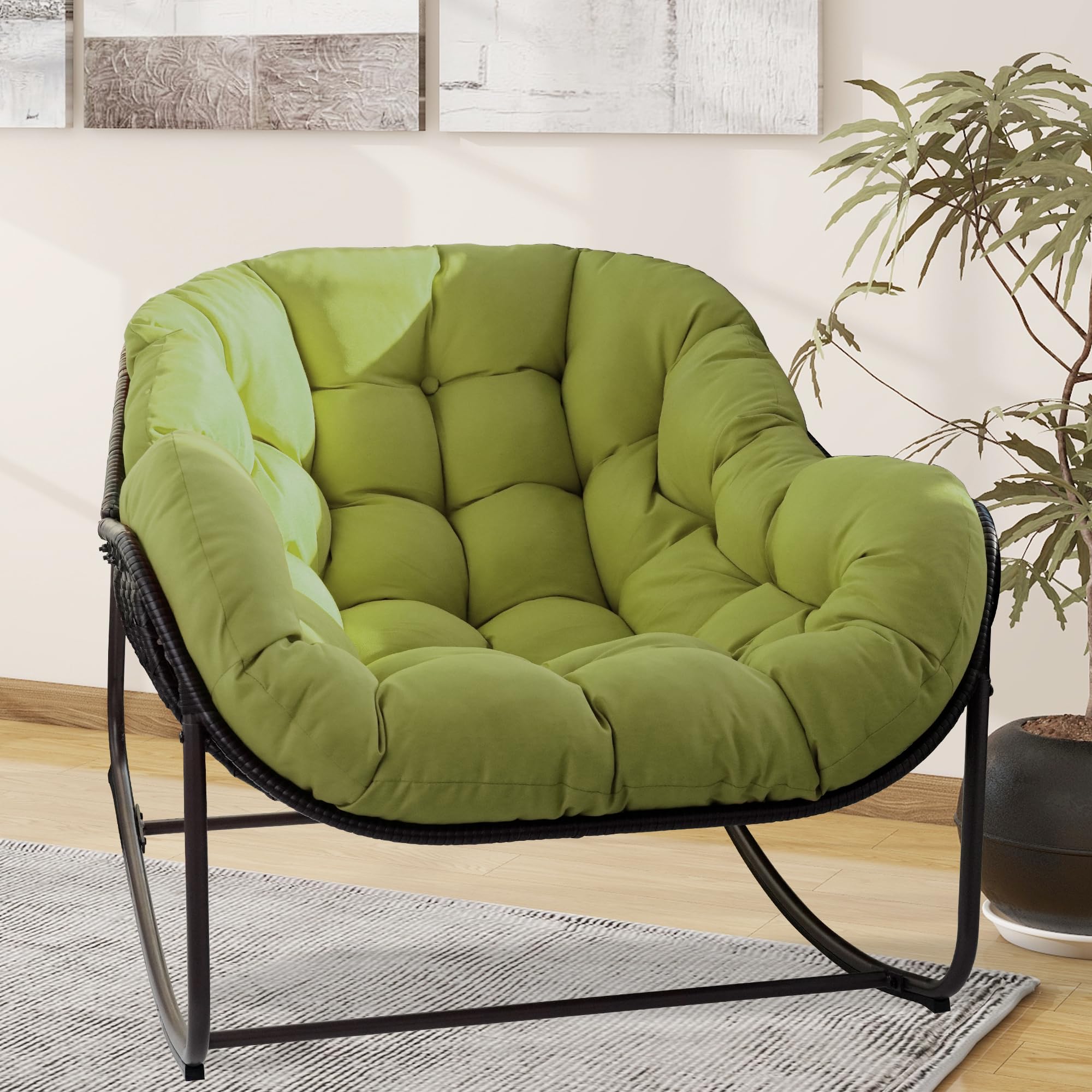 Quinora Papasan Rocking Chair, Oversized Papasan Chair with Cushion and Frame for Indoor& Outdoor, Deep Seat Egg-Shaped Rocker Chair for Garden, Deck,
