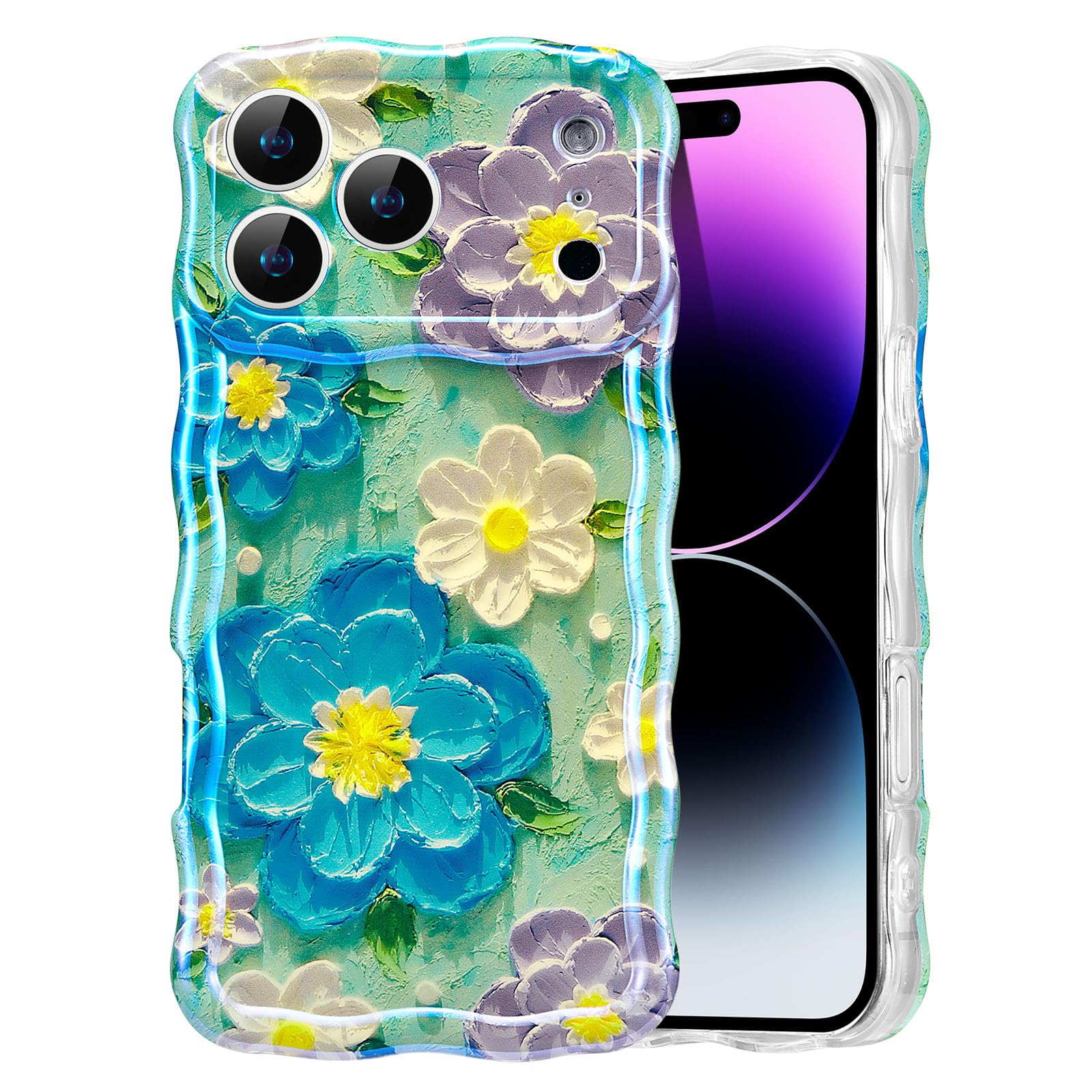 EYZUTAK Case for iPhone 15, Colorful Retro Oil Painting Flower Laser Beam Glossy Pattern Cute Curly Waves Border Exquisite Phone Cover Stylish Durable Soft TPU Protective Case for Girls Women - Green — view 62