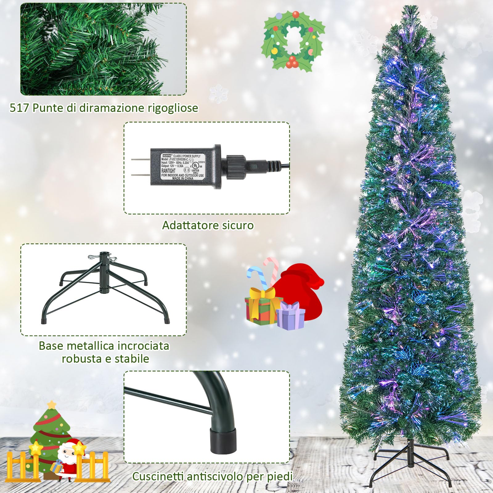 RELAX4LIFE Albero di Natale Artificiale Slim 180cm con Fibre Ottiche, Effetto Realistico e Luci Colorate,Base Pieghevole in Ferro