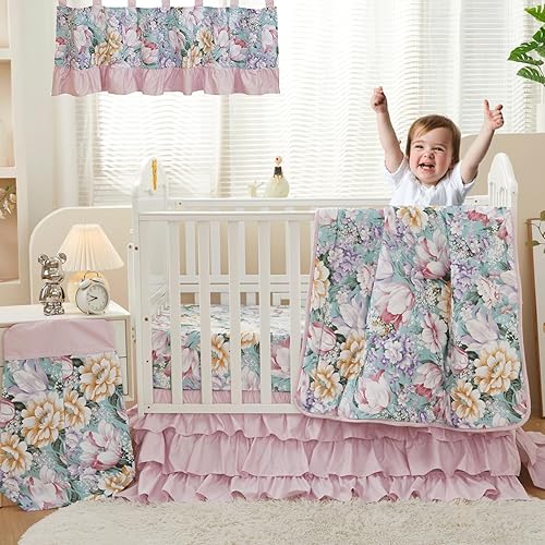 Miniatura 7 de Brandream Juego de ropa de cama para cuna para niñas, 800 hilos, 100% algodón egipcio, juego de ropa de cama de 3 piezas, edredón de flores moradas,