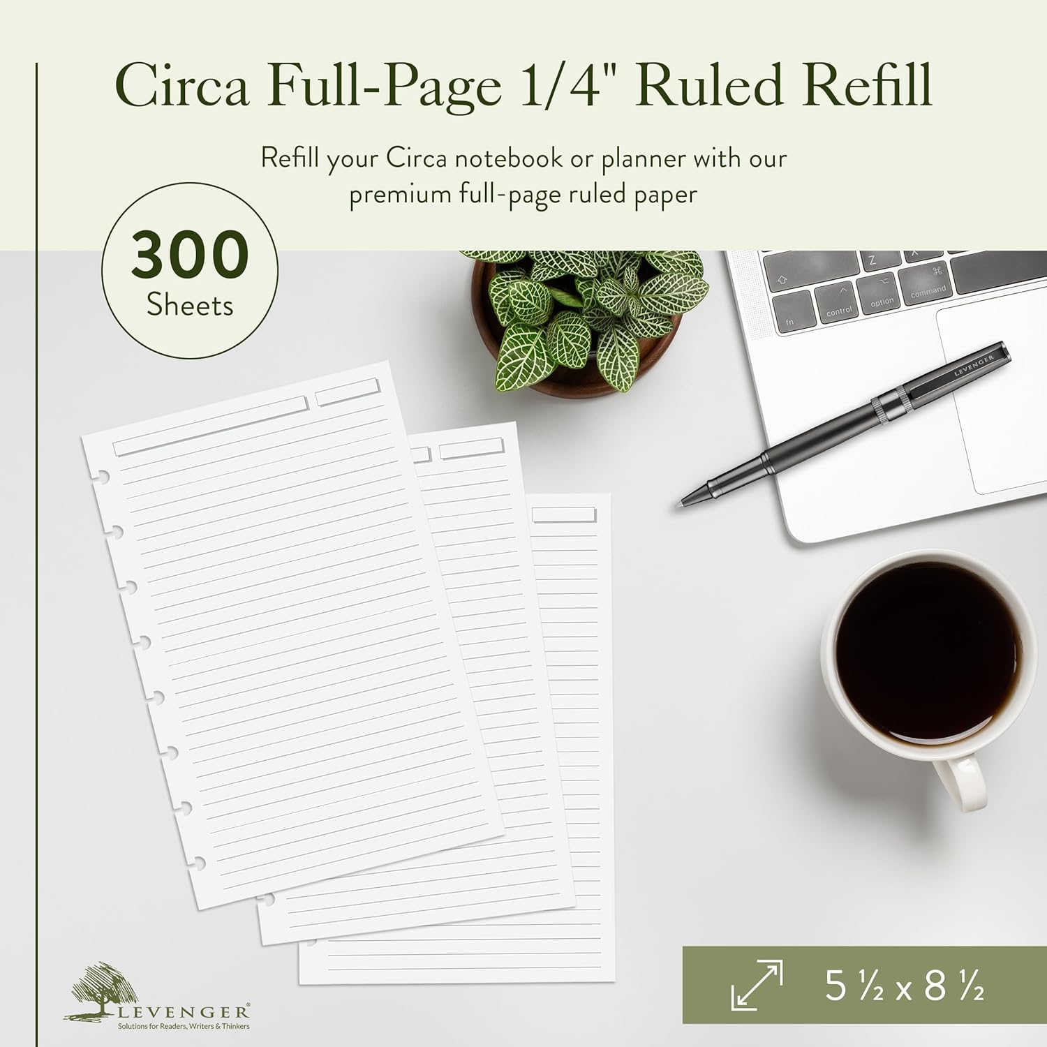 Levenger Circa Full-Page 1/4 Inch Ruled Discbound Paper Refill, Disc Notebook and Planner Inserts, 300 sheets, Junior
