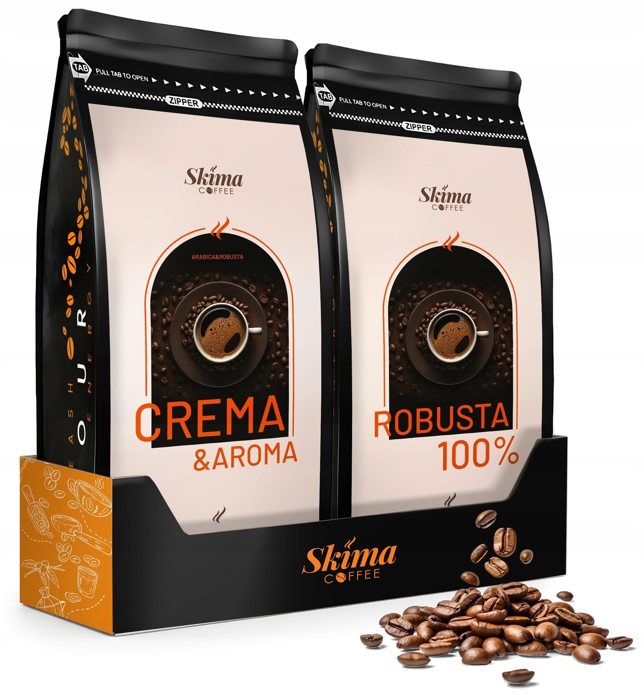 SkimaCoffee Café en grano 2 x 1 kg CREMA&AROMA/ROBUSTA 100% recién tostado