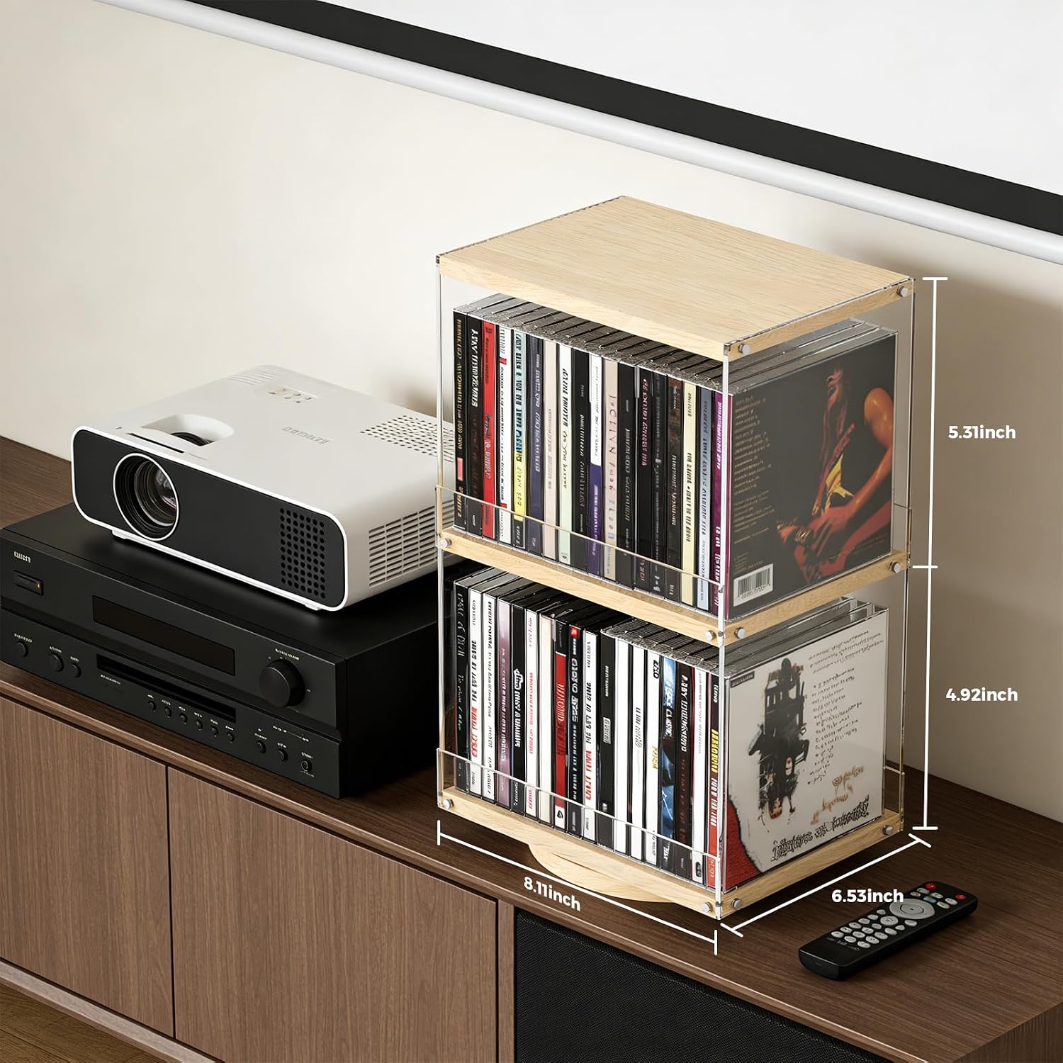 2-Tier Rotating CD Tower, 40 Capacity Rotating CD Storage Rack | Wood & Acrylic, Open-Side Design & Anti-Fall Guard for Living Room Office Modern Industrial Display