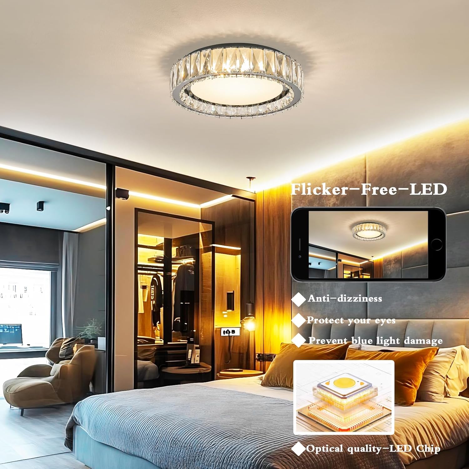 Crystal Dimmable Flush Mount Ceiling Light, Black Modern LED Close to Ceiling Light Fixture with 5CCT 2700K-6000K, Round kitchen Lighting for Bedroom, Laundry Room, Hallway, Living room (15in 36W)