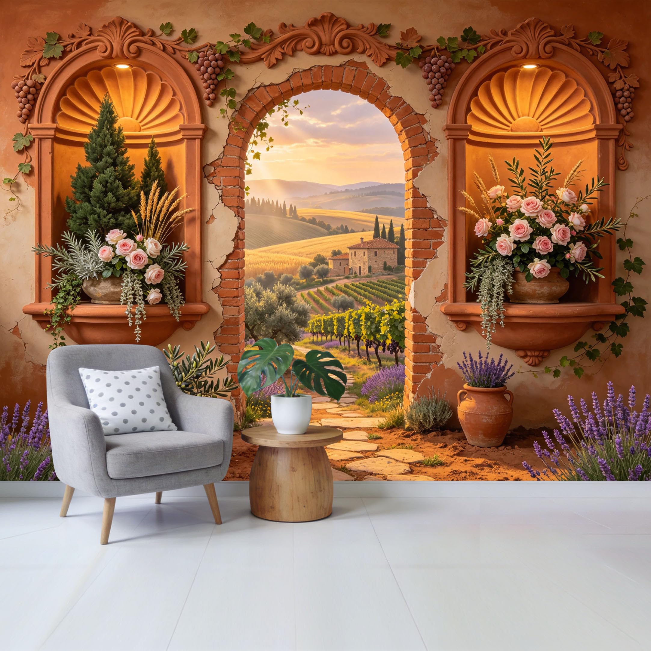 Removable Self Adhesive Fabric Mural， Tuscan Vineyard Landscape Custom Size Wall Covering， UV Protected Waterproof Washable Wall Decor for Living Room Bedroom Bathroom