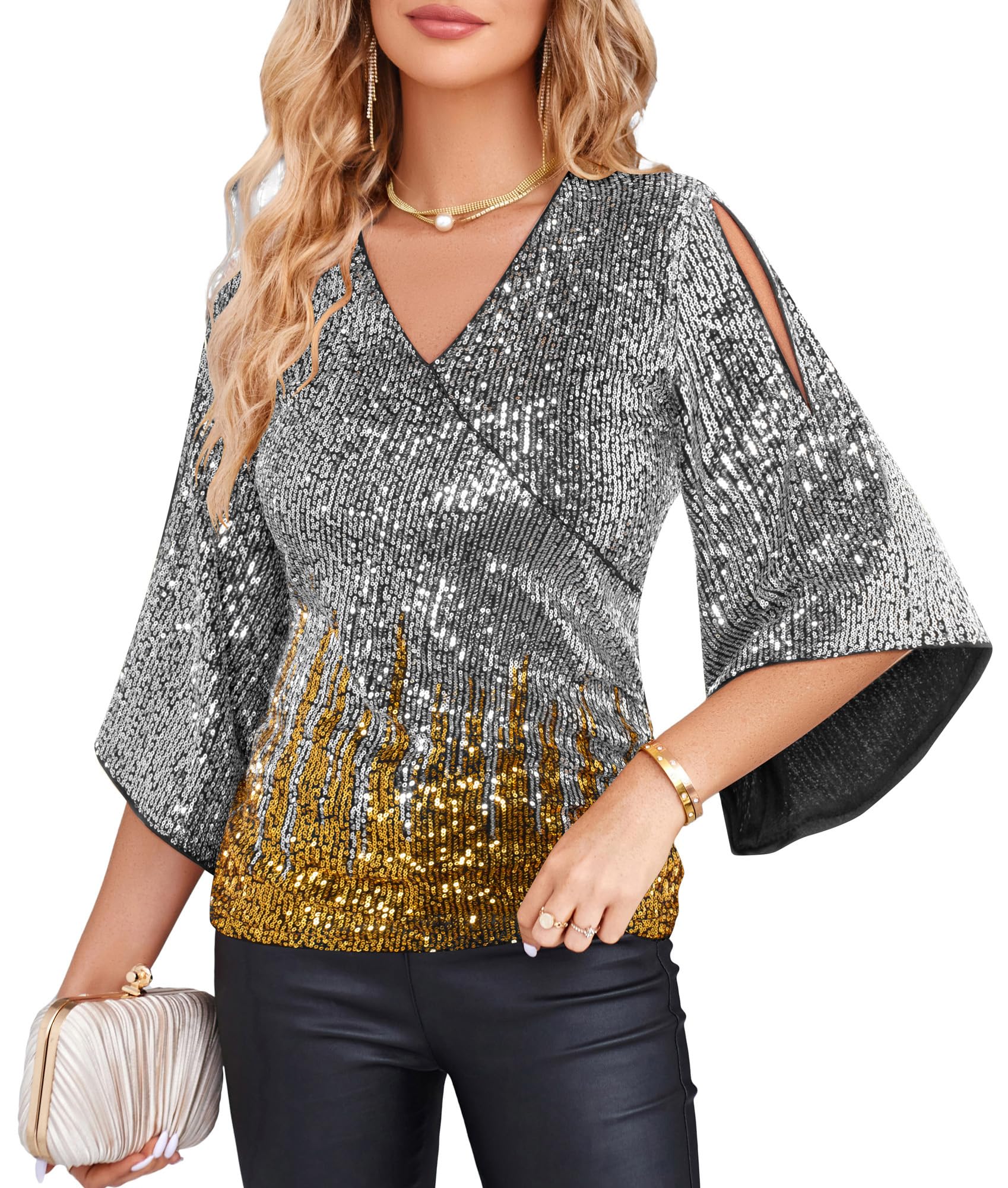 GRACE KARIN - Blusa da donna con maniche a 3/4, scollo a V, paillettes, adatta per cocktail party e feste