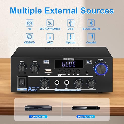 Miniatura 2 de Romica Amplificador de audio estéreo, 2 canales 500 W Bluetooth 5.0 amplificador de potencia de cine en casa con FM, Echo, AUX, USB, SD, MIC,