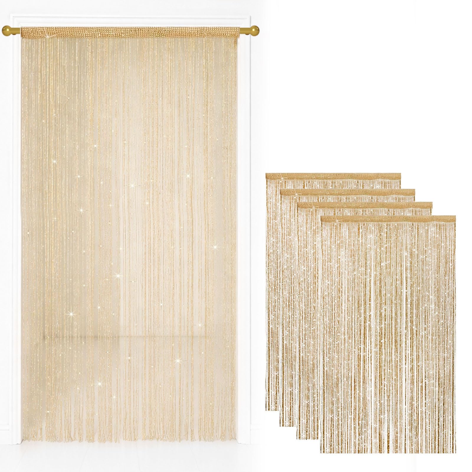 4 Pack String Door Curtains, 100 x 200 cm Glitter Fringe Panel Champagne — image 1