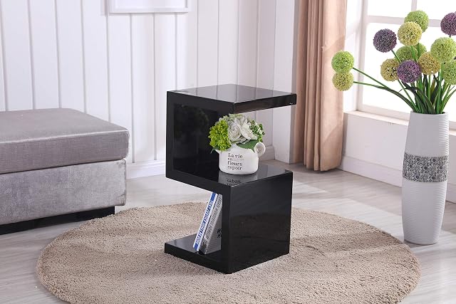 Furnizone UK RUBIX S-Shaped Black/White/Grey Side End Table High Gloss 2 Tier Storage Shelves Bedside Tables for Living Room Lounge (Black)