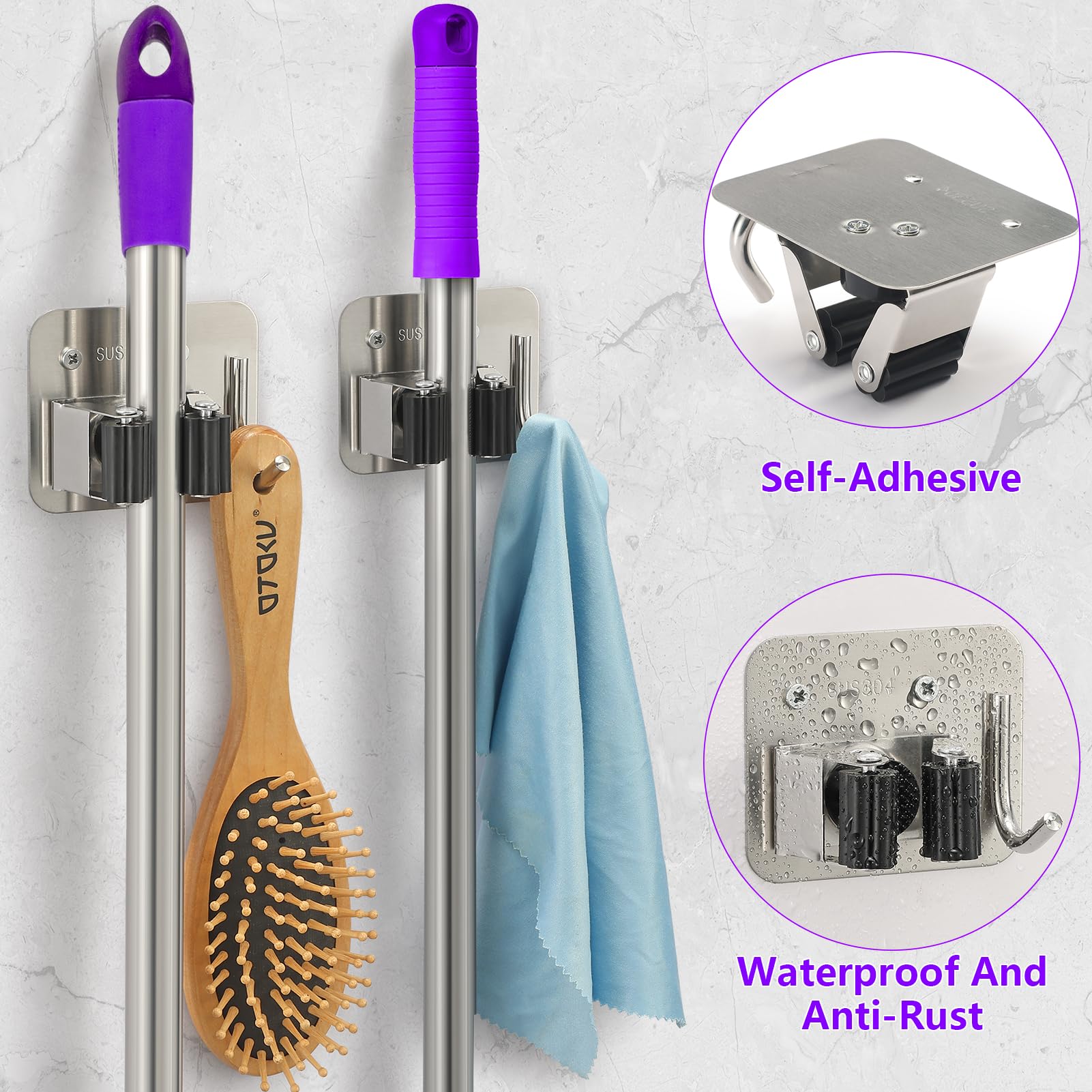 Soporte para escoba de montaje en pared, resistente acero inoxidable para fregona perforado, perfecto para organizador de lavandería, cocina, garaje, jardín 4