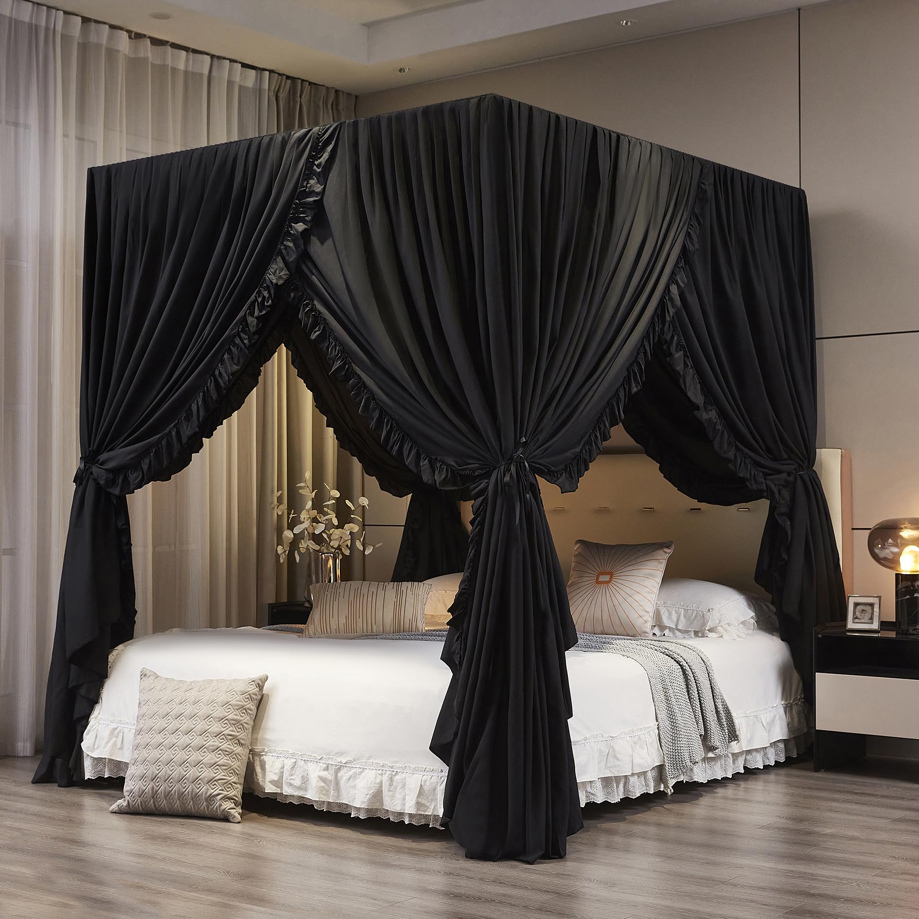 Mengersi Black Canopy Bed Curtains King Size Royal Breathable Lightweight Private Space-Elegant Bed Curtains Bedroom Decoration Accessories for Adults