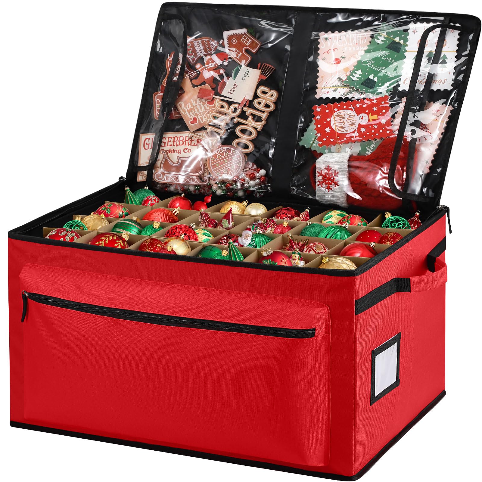 Christmas Ornament Storage Box - Holds Up to 72 of 4” Ornaments - 2-in-1 Xmas Figurine Container - 3 Individual Trays - Holiday Christmas Decor Storage Case (Red)