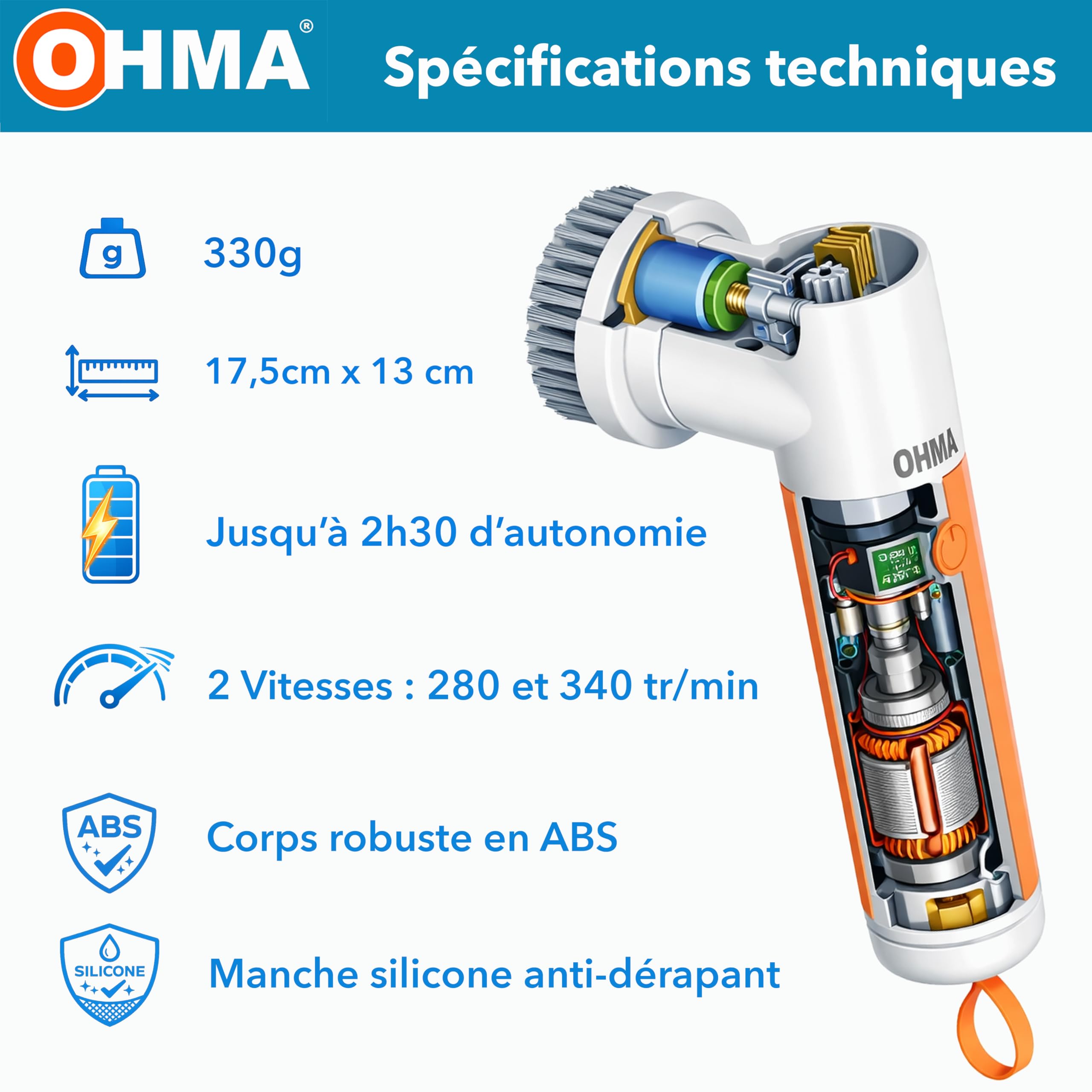 OHMA Brosse de Nettoyage Électrique Rotative – 4 Têtes – Jusqu'à 2h30 d'autonomie - Joints, Carrelage, Douche, Salle de Bain et Cuisine – Étanche IPX7 – USB-C – Garantie 3 Ans