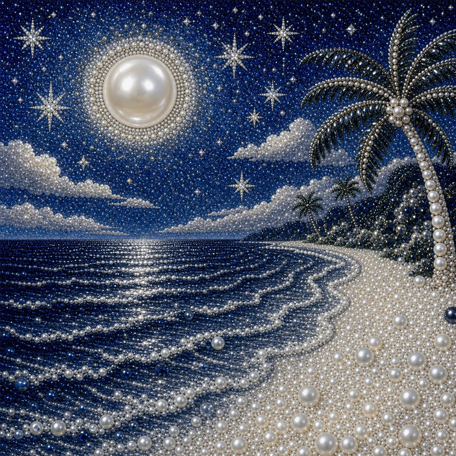 POETRYDRAW Night Beach Pearl 5D Round Drill Diamond Art Kit 15.75x15.75 in